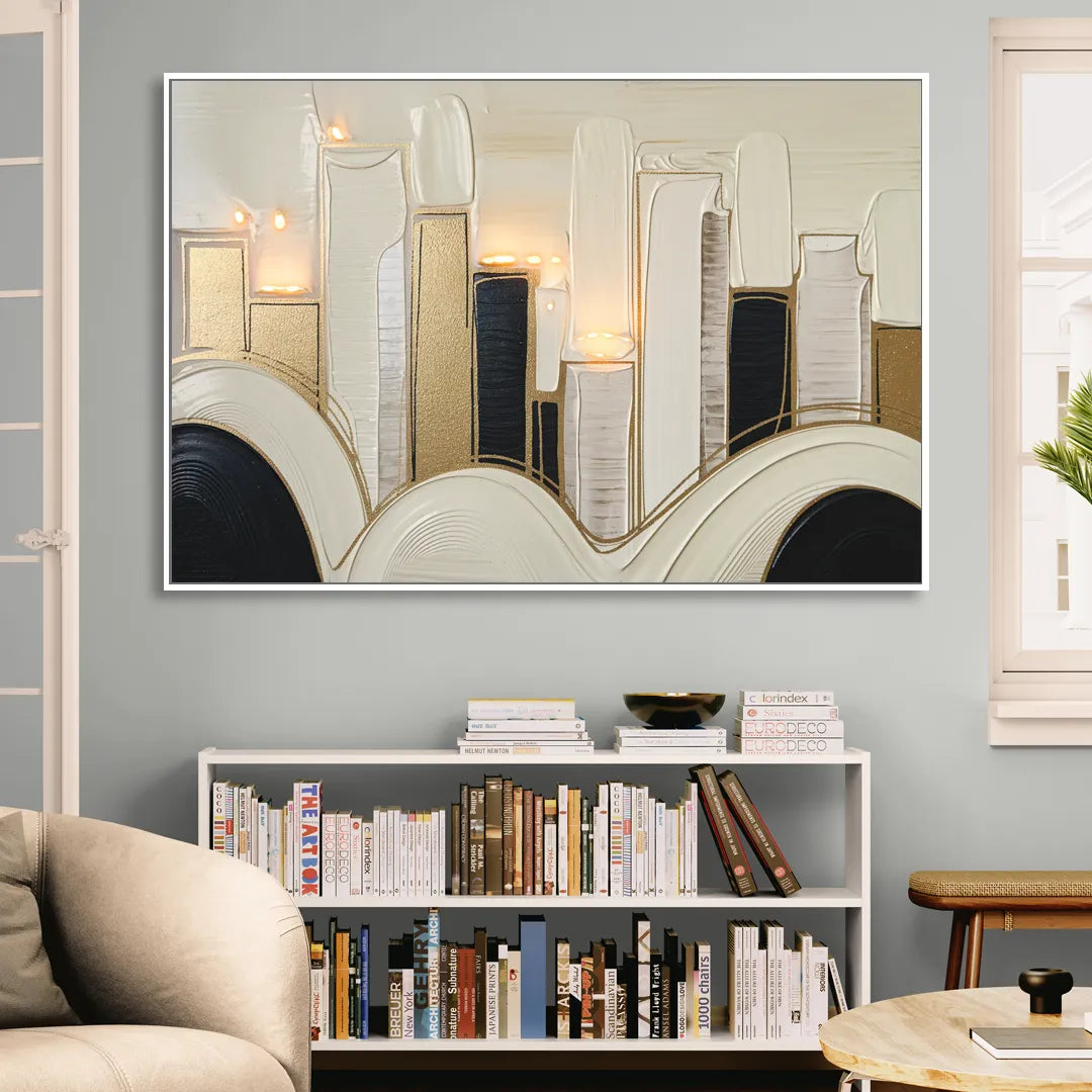 New York City Golden Glow Skyline Living Room - White Canvas Wall Art