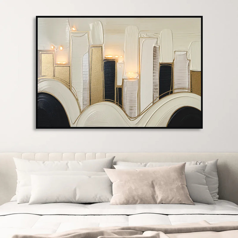 New York City Golden Glow Skyline Living Room - Black Canvas Wall Art