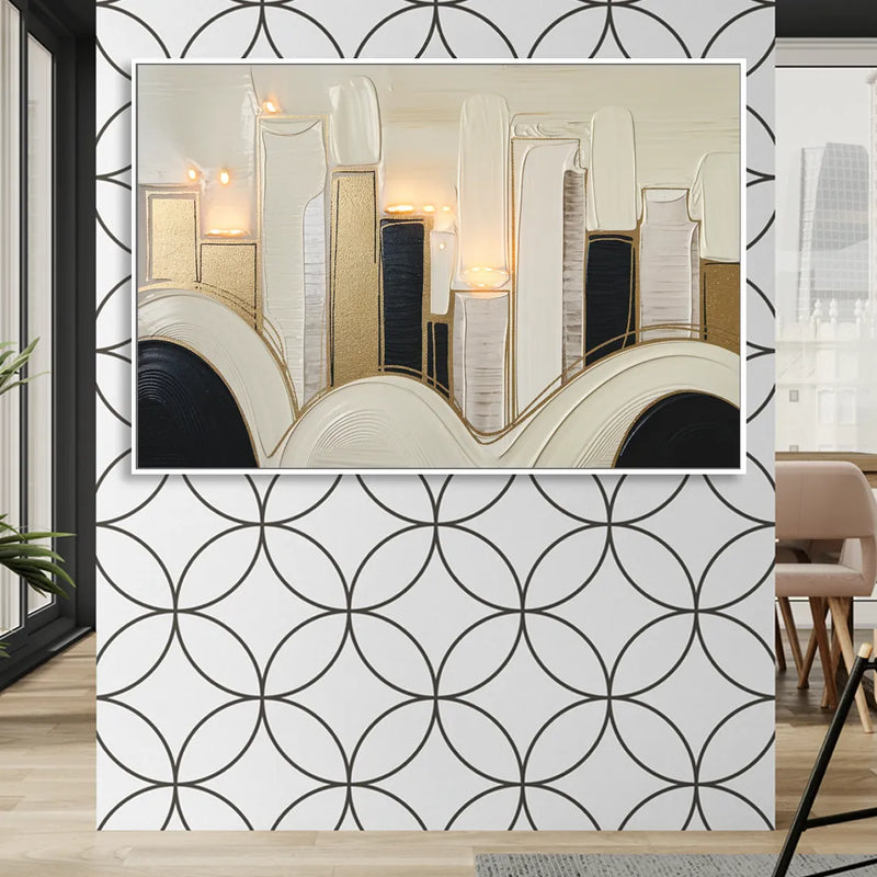 New York City Golden Glow Skyline Sitting Room - White Canvas Wall Art