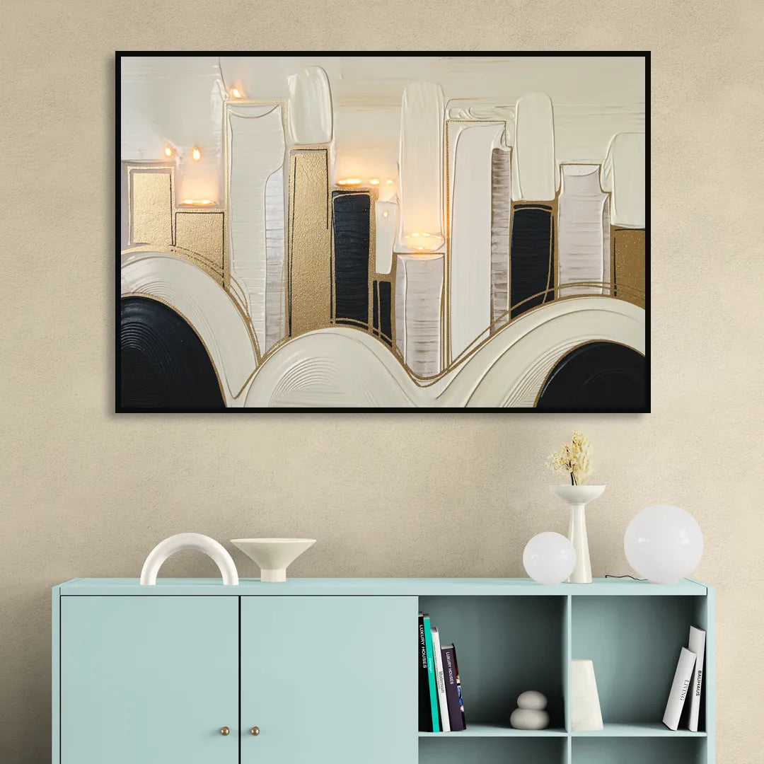 New York City Golden Glow Skyline Sitting Room - Black Canvas Wall Art