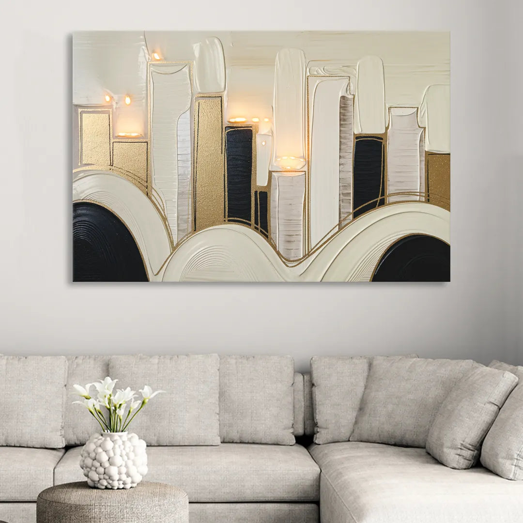 New York City Golden Glow Skyline Sitting Room - Canvas Wall Art