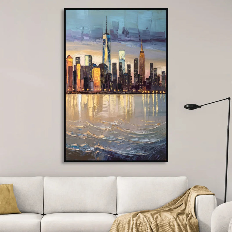 New York City Hudson River View Sitting Room - Black Canvas Wall Art