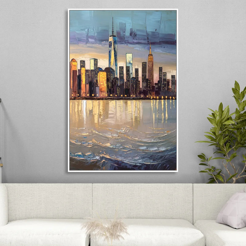 New York City Hudson River View Living Room - White Canvas Wall Art
