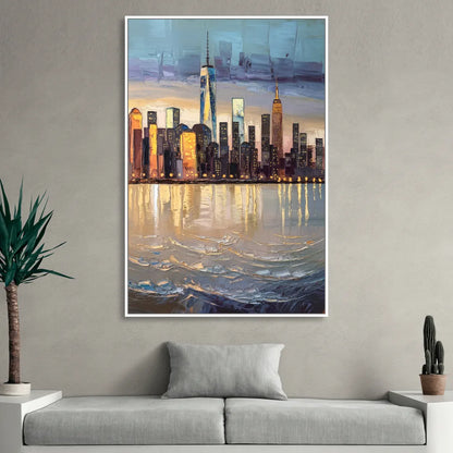 New York City Hudson River View Sitting Room - White Canvas Wall Art