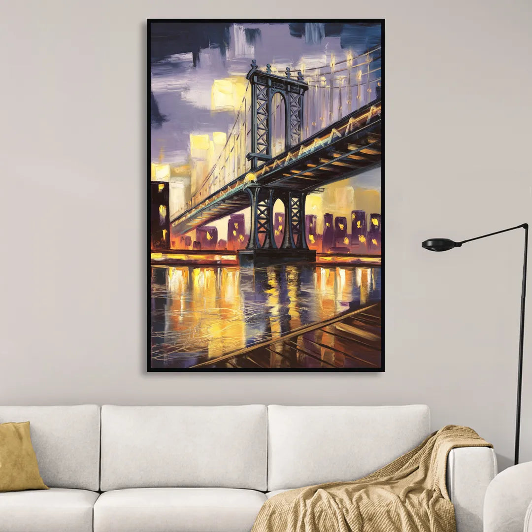 New York City Iconic Bridges Living Room - Black Canvas Wall Art
