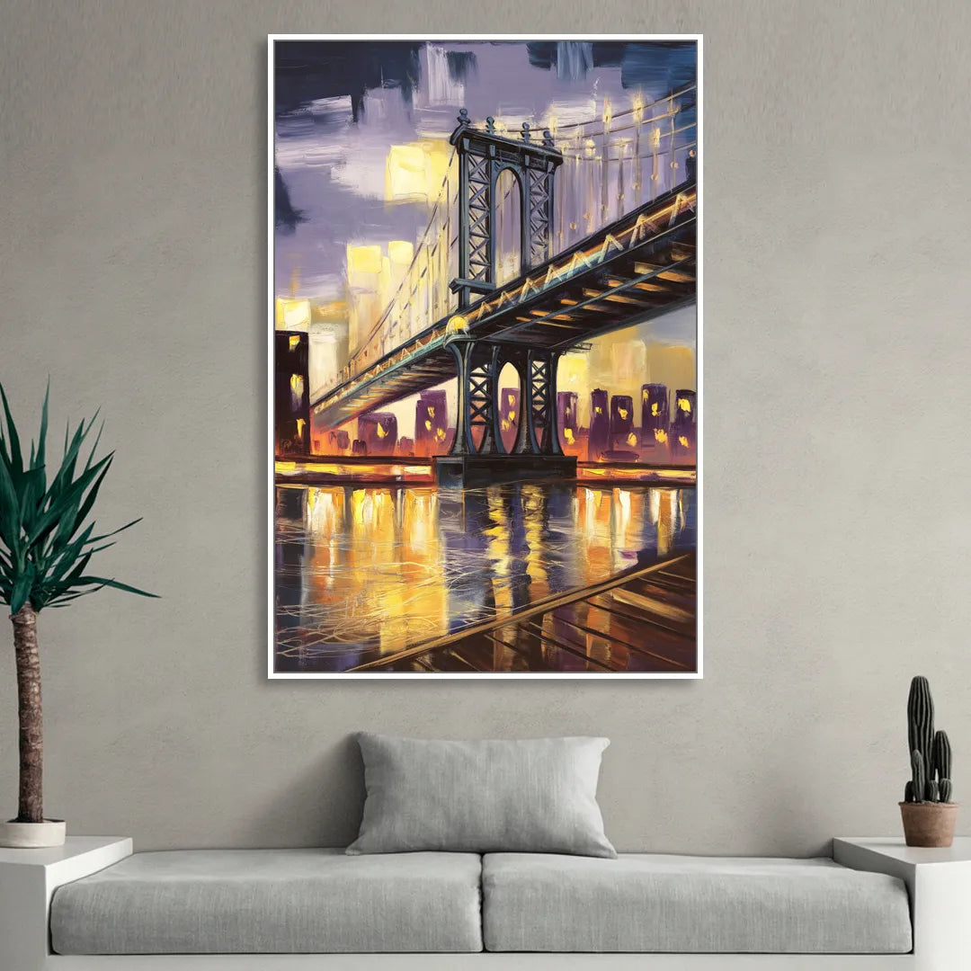 New York City Iconic Bridges Living Room - White Canvas Wall Art