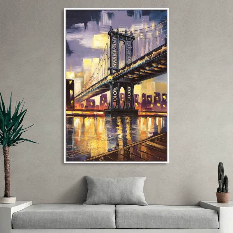 New York City Iconic Bridges Living Room - White Canvas Wall Art