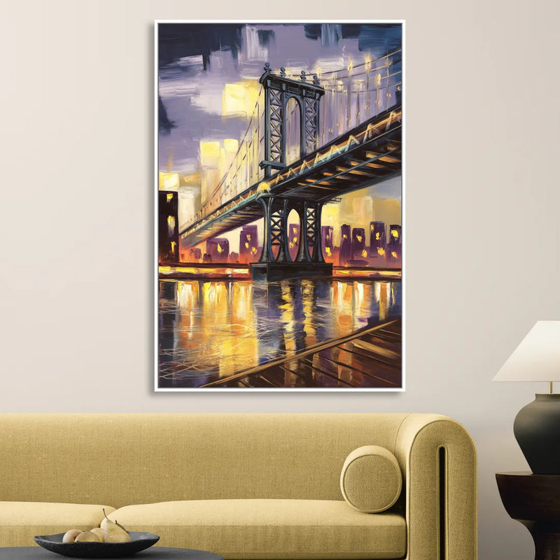 New York City Iconic Bridges Sitting Room - White Canvas Wall Art