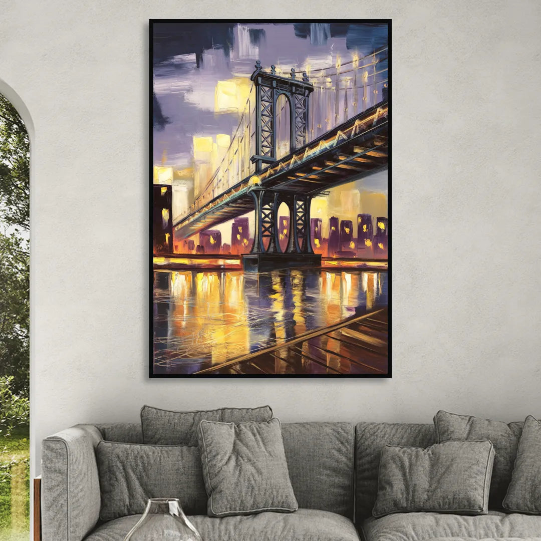 New York City Iconic Bridges Sitting Room - Black Canvas Wall Art