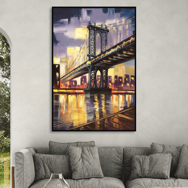 New York City Iconic Bridges Sitting Room - Black Canvas Wall Art