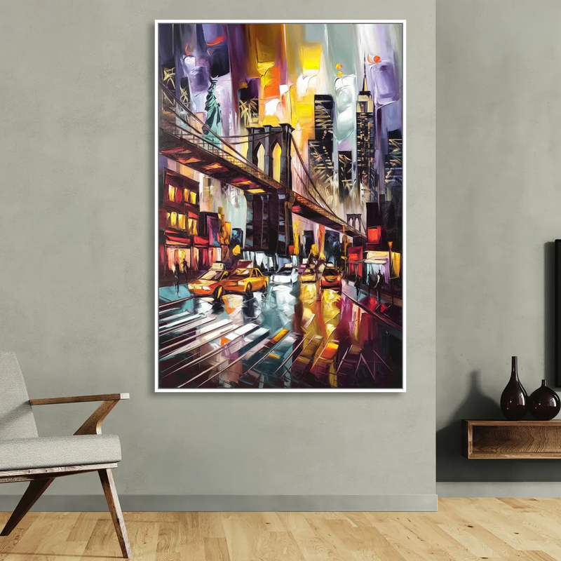 New York City Iconic Landmarks Collage Night Sitting Room - White Canvas Wall Art