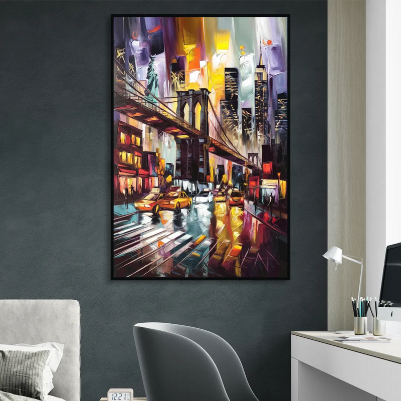 New York City Iconic Landmarks Collage Night Sitting Room - Black Canvas Wall Art