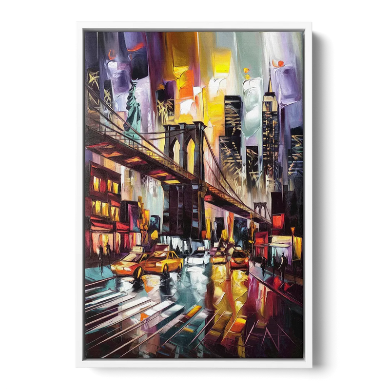 New York City Iconic Landmarks Collage Night Front - White Canvas Wall Art