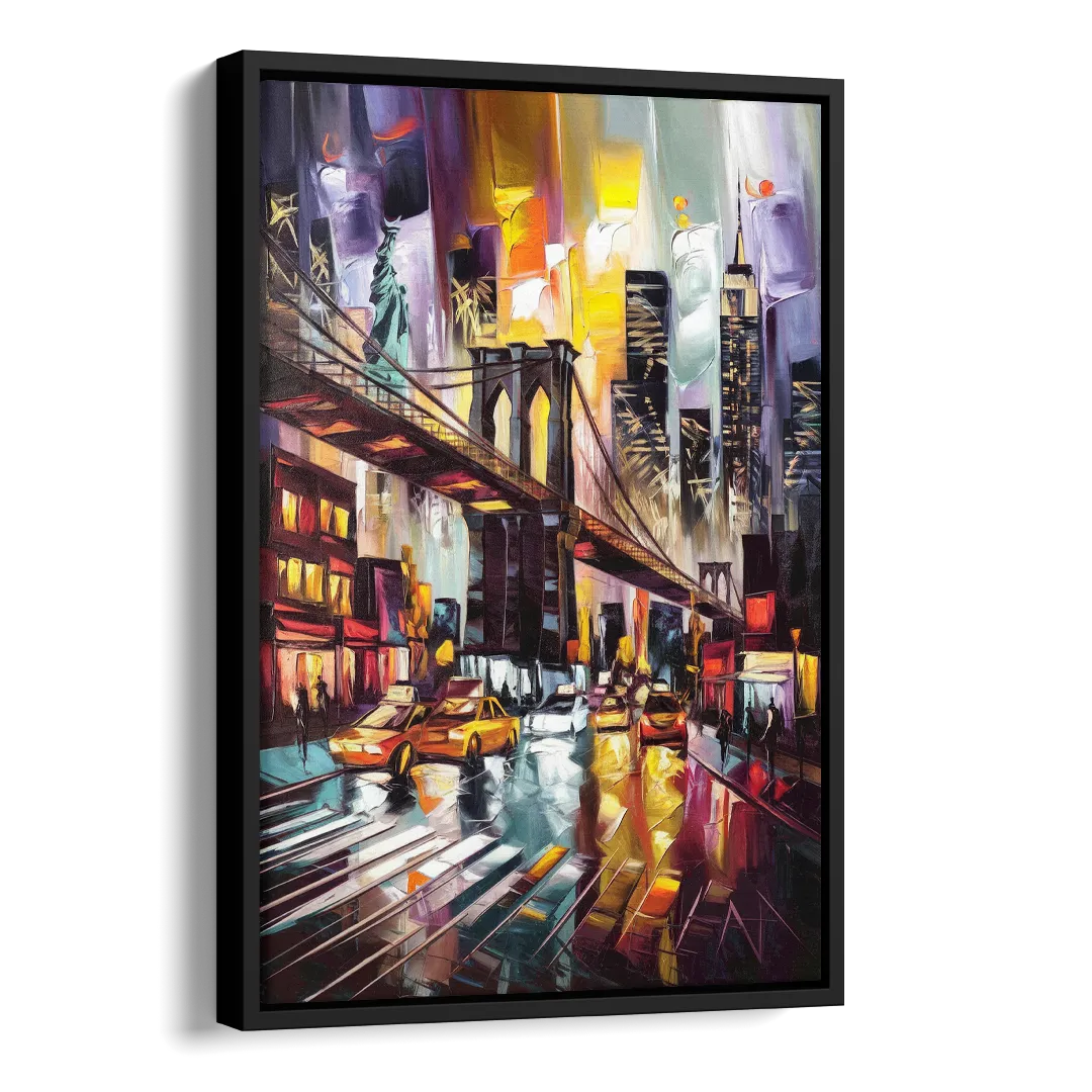 New York City Iconic Landmarks Collage Night Side - Black Canvas Wall Art
