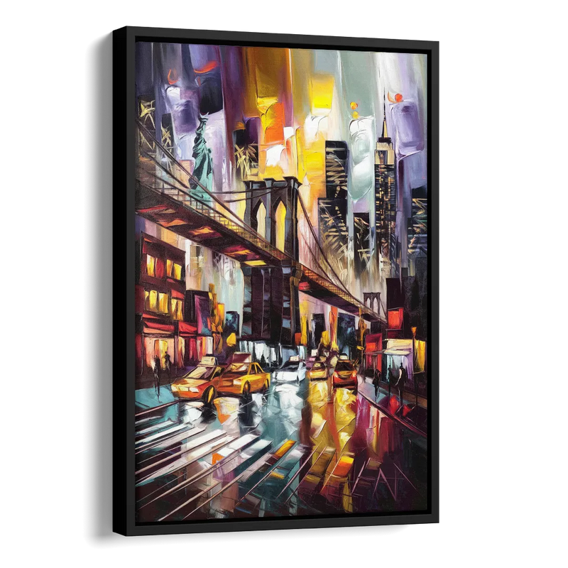 New York City Iconic Landmarks Collage Night Side - Black Canvas Wall Art