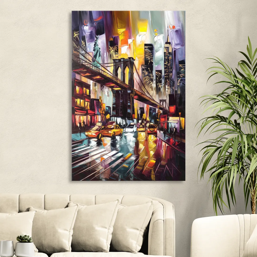 New York City Iconic Landmarks Collage Night Living Room - Canvas Wall Art