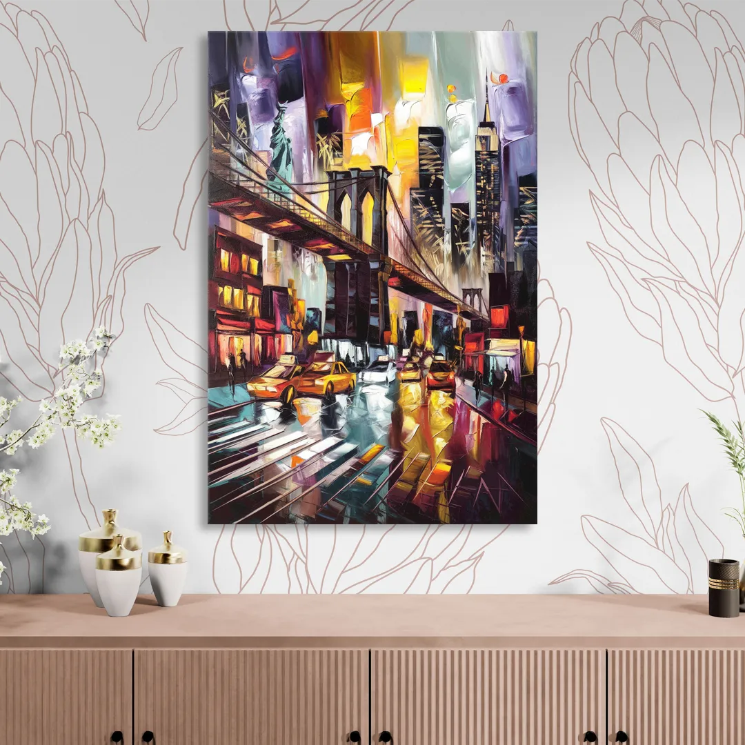 New York City Iconic Landmarks Collage Night Sitting Room - Canvas Wall Art