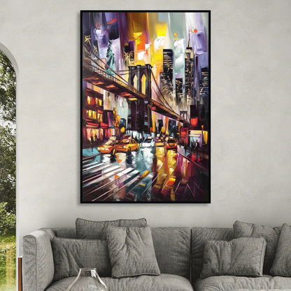 New York City Iconic Landmarks Collage Night Living Room - Black Canvas Wall Art
