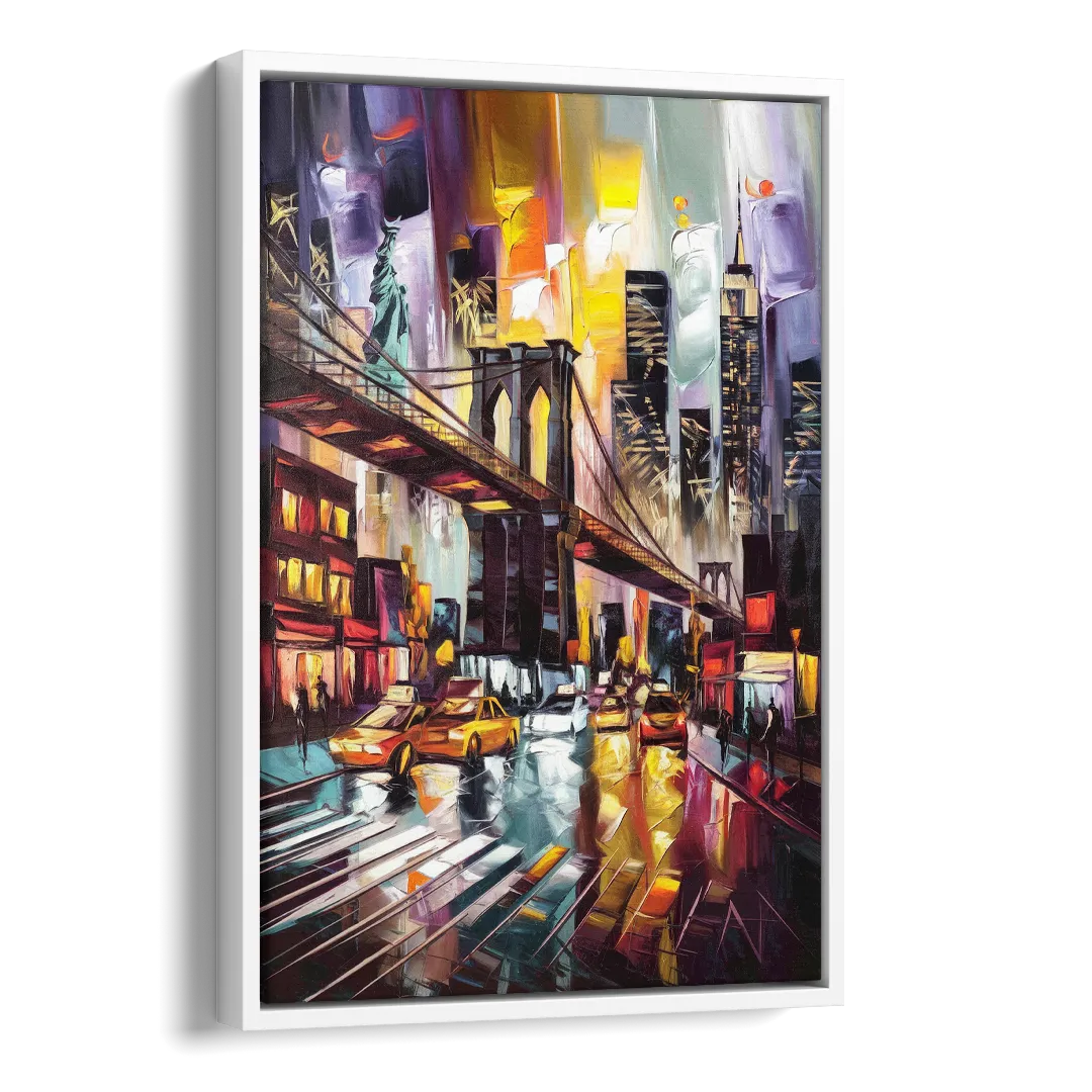 New York City Iconic Landmarks Collage Night Side - White Canvas Wall Art