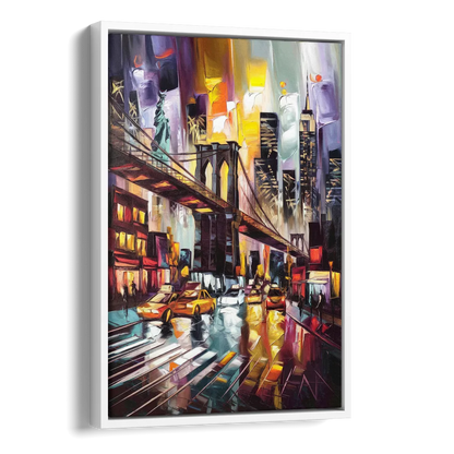 New York City Iconic Landmarks Collage Night Side - White Canvas Wall Art