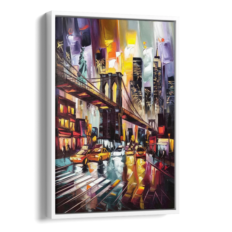 New York City Iconic Landmarks Collage Night Side - White Canvas Wall Art