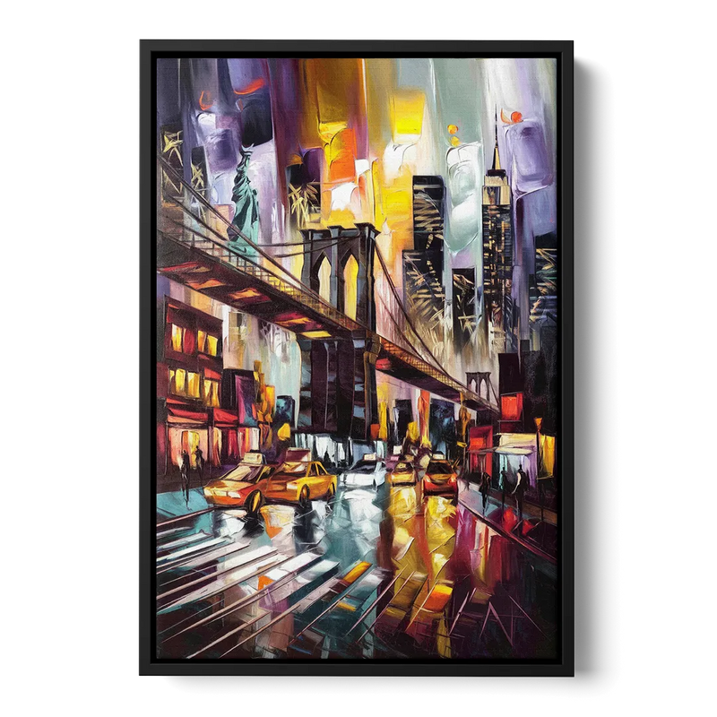 New York City Iconic Landmarks Collage Night Front - Black Canvas Wall Art