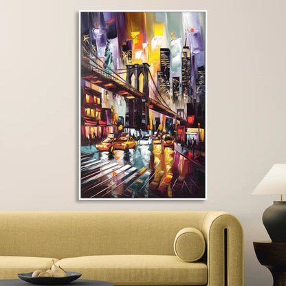 New York City Iconic Landmarks Collage Night Living Room - White Canvas Wall Art