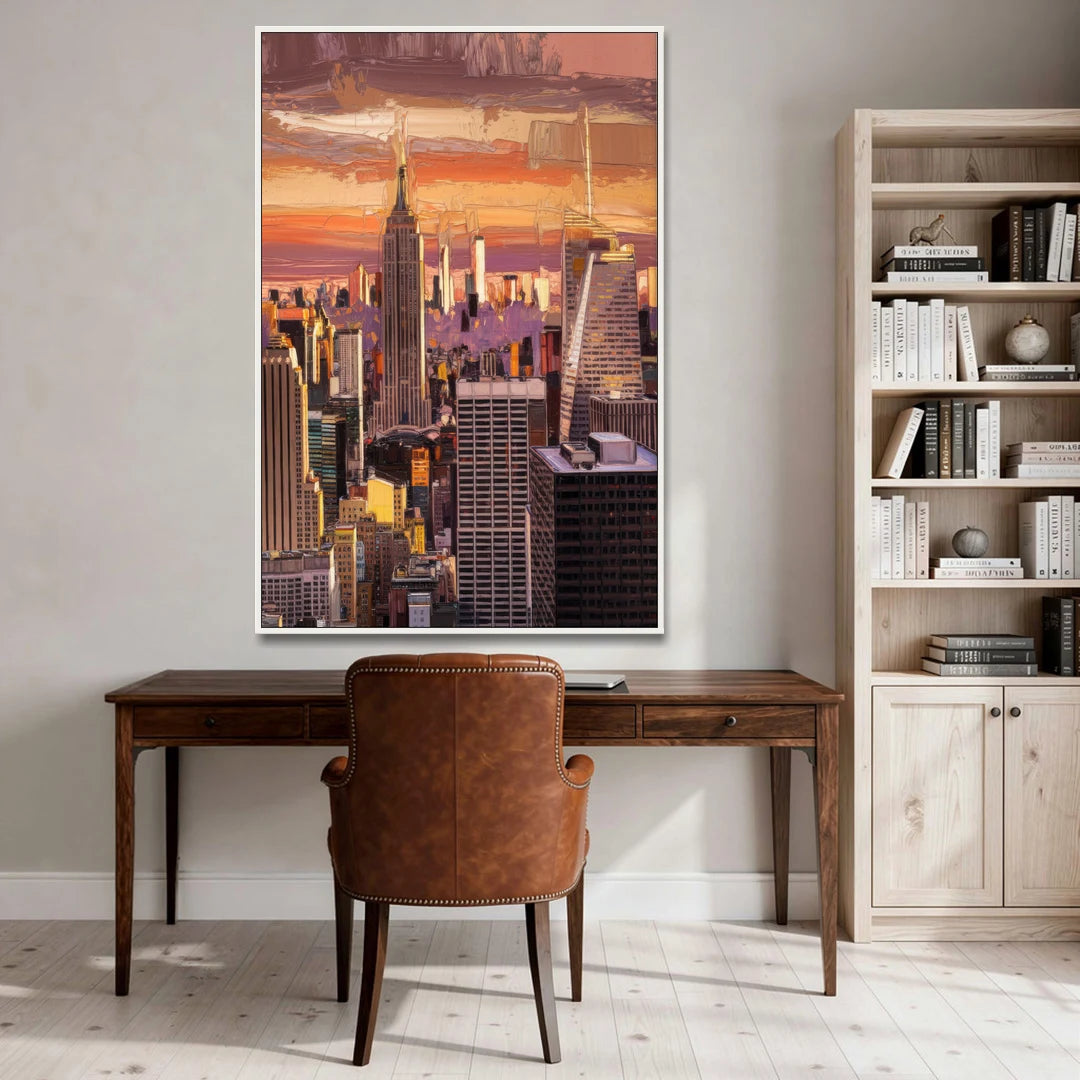 New York City Midtown Skyline - White Framed Canvas Wall Art - Office - 40x60