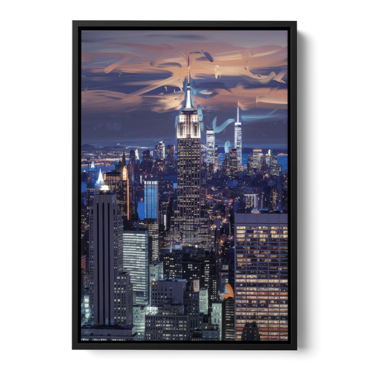 New York City Night Blue Lights Skyline - Black Framed Canvas Wall Art - Front