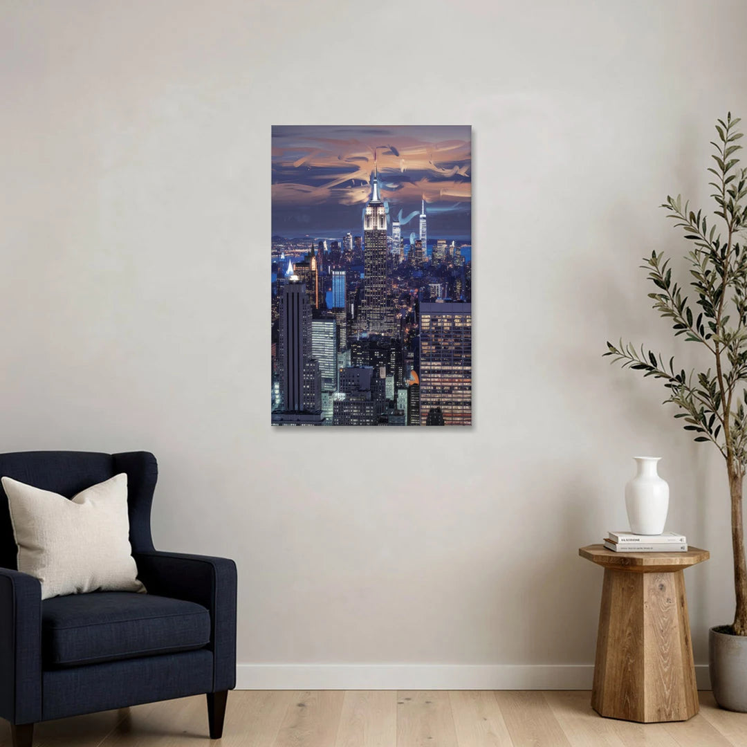 New York City Night Blue Lights Skyline - Canvas Wall Art - Sofa - 24x36