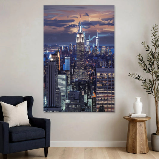 New York City Night Blue Lights Skyline - Canvas Wall Art - Sofa - 40x60