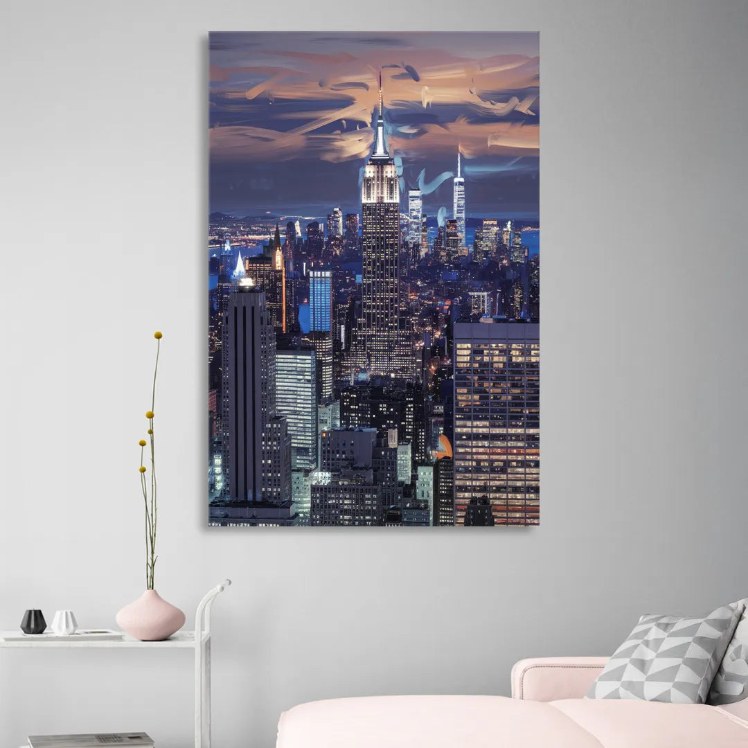New York City Night Blue Lights Skyline Sitting Room - Canvas Wall Art