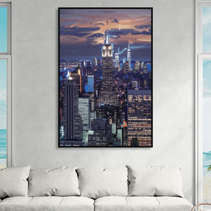 New York City Night Blue Lights Skyline Sitting Room - Black Canvas Wall Art