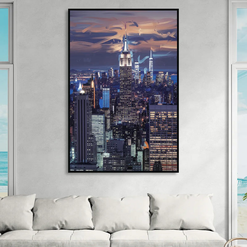 New York City Night Blue Lights Skyline Sitting Room - Black Canvas Wall Art
