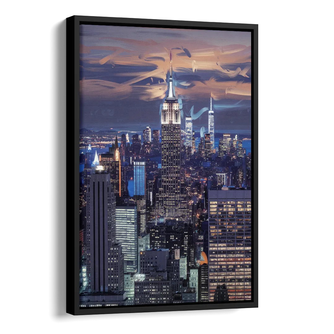 New York City Night Blue Lights Skyline Side - Black Canvas Wall Art