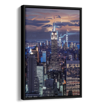 New York City Night Blue Lights Skyline Side - Black Canvas Wall Art