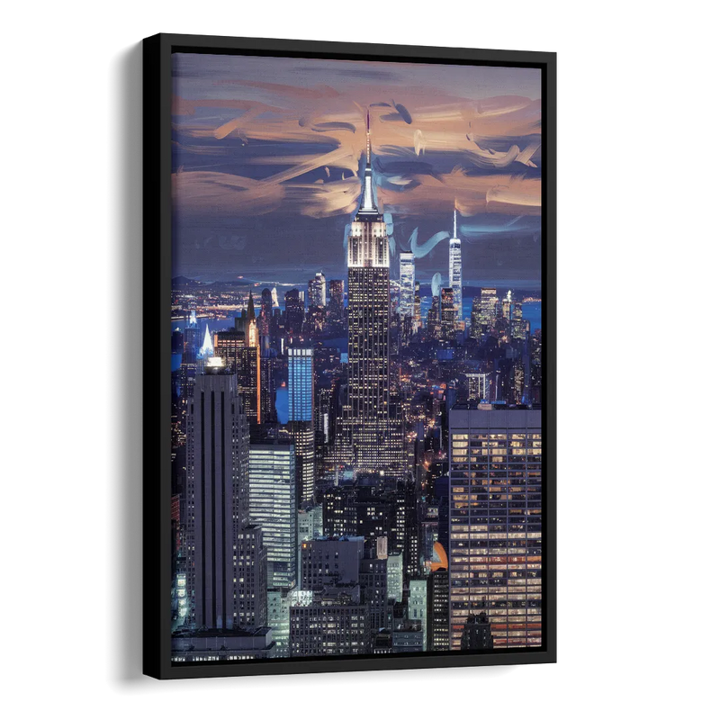New York City Night Blue Lights Skyline Side - Black Canvas Wall Art