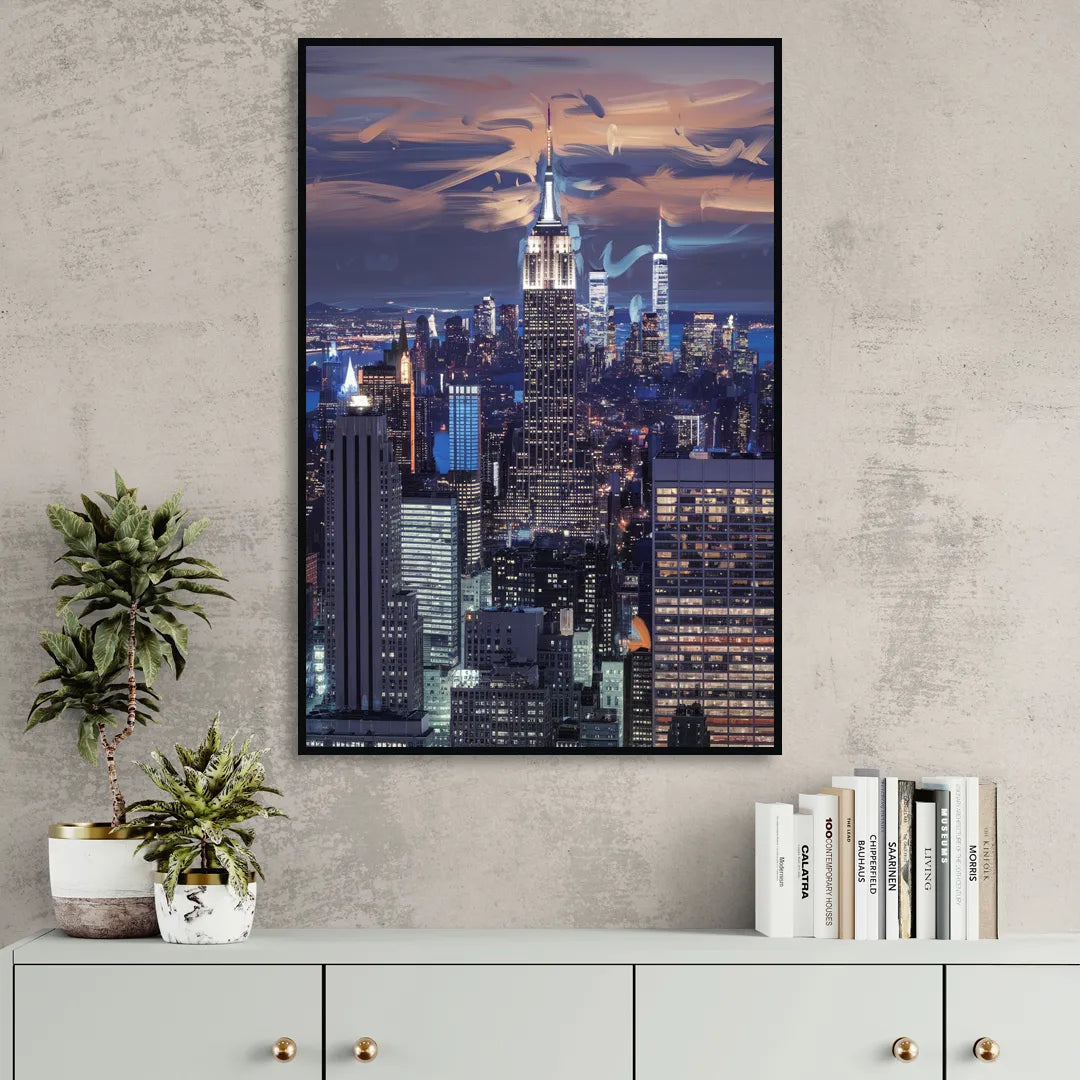 New York City Night Blue Lights Skyline Living Room - Black Canvas Wall Art