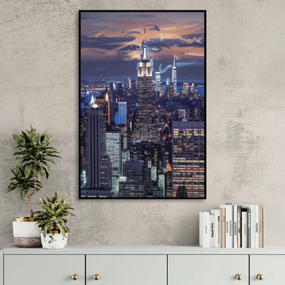 New York City Night Blue Lights Skyline Living Room - Black Canvas Wall Art