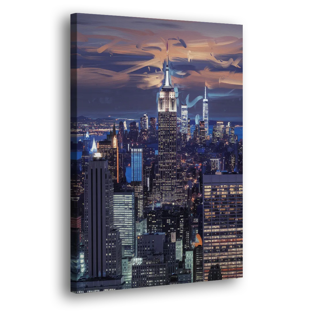 New York City Night Blue Lights Skyline Side - Canvas Wall Art