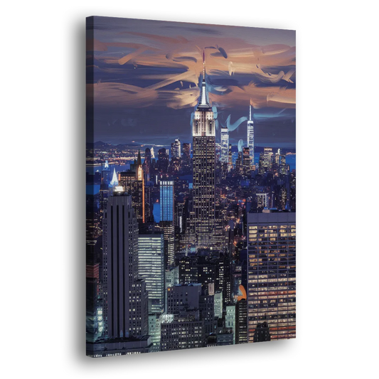 New York City Night Blue Lights Skyline Side - Canvas Wall Art
