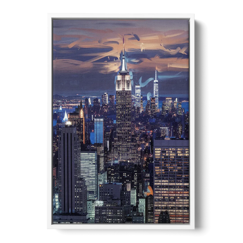 New York City Night Blue Lights Skyline Front - White Canvas Wall Art