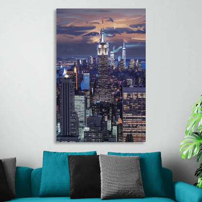 New York City Night Blue Lights Skyline Living Room - Canvas Wall Art