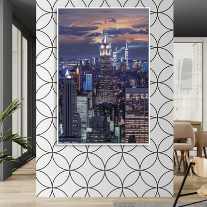 New York City Night Blue Lights Skyline Sitting Room - White Canvas Wall Art