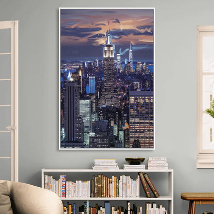 New York City Night Blue Lights Skyline Living Room - White Canvas Wall Art