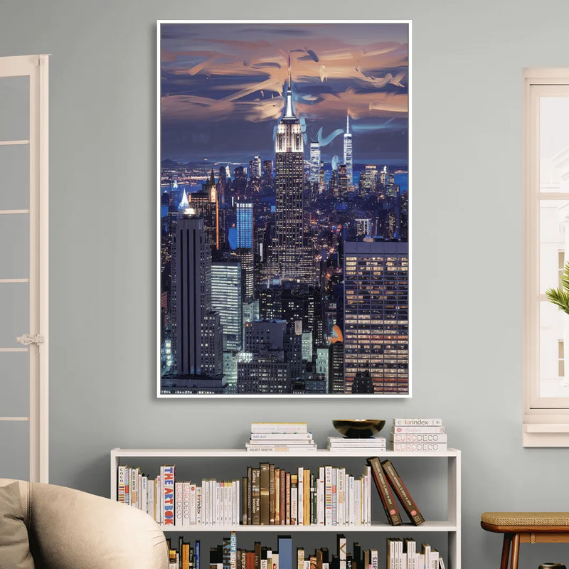 New York City Night Blue Lights Skyline Living Room - White Canvas Wall Art
