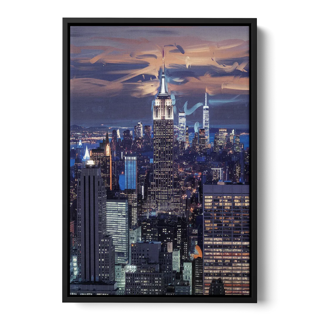 New York City Night Blue Lights Skyline Front - Black Canvas Wall Art