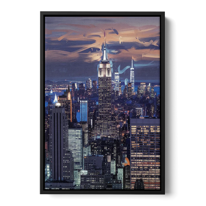 New York City Night Blue Lights Skyline Front - Black Canvas Wall Art