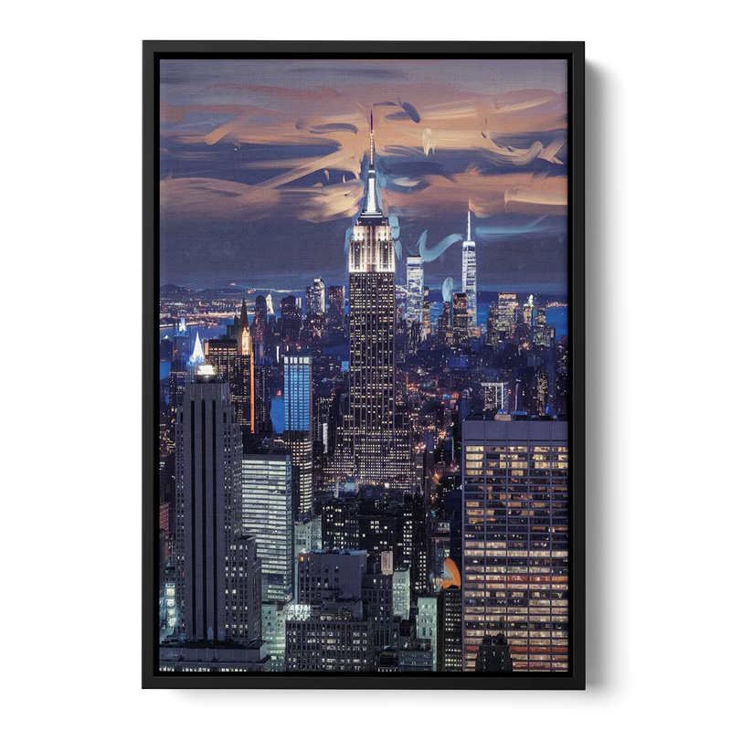 New York City Night Blue Lights Skyline Front - Black Canvas Wall Art