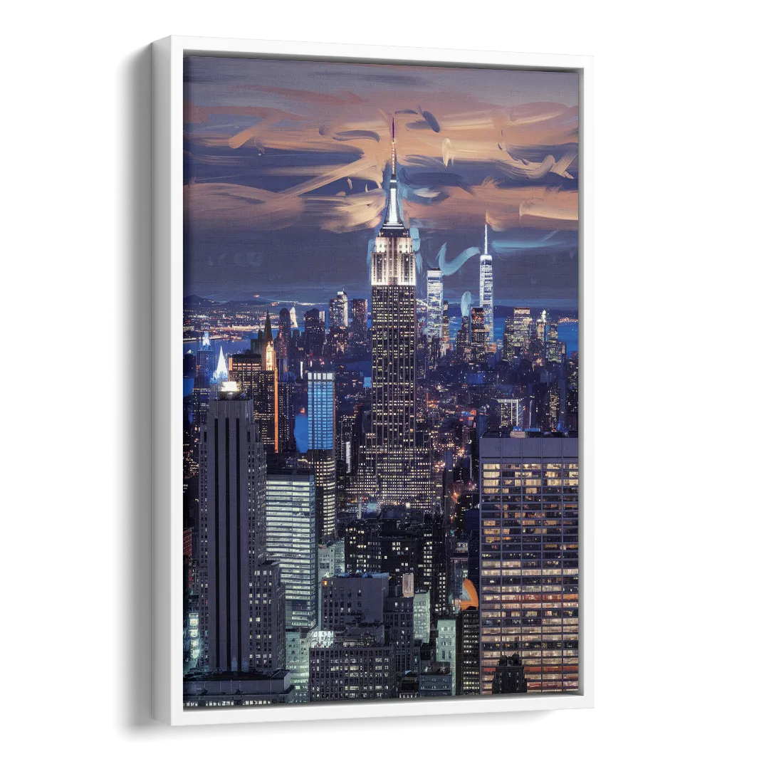 New York City Night Blue Lights Skyline Side - White Canvas Wall Art